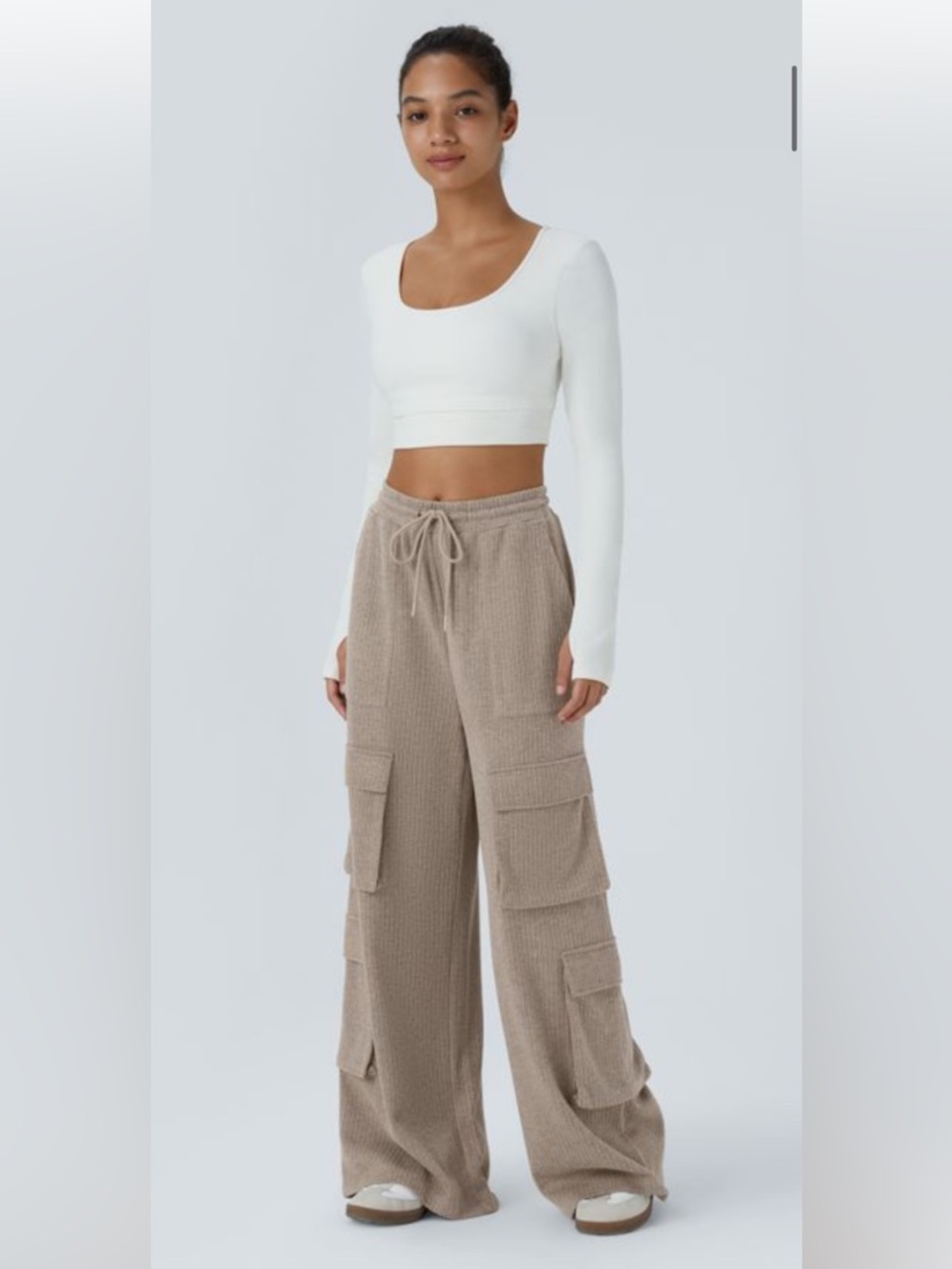 Halara Ribbed Wide Leg Cargo joggers Casual chill Pant Mocha Meringue size L - Picture 1 of 4